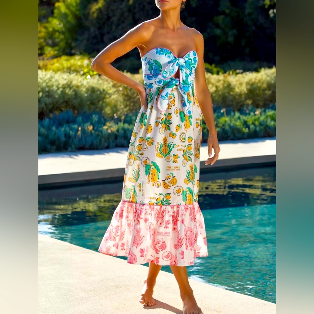 🆕NWT #265 Farm Rio Tiered Cutout Cover Up Midi Dress Women Cotton Tropical, Sm.